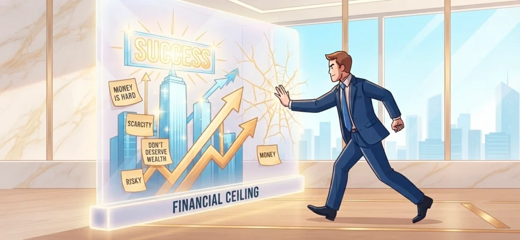 A man in a suit breaking through a literal financial ceiling wall covered in negative money scripts to reach career success.
