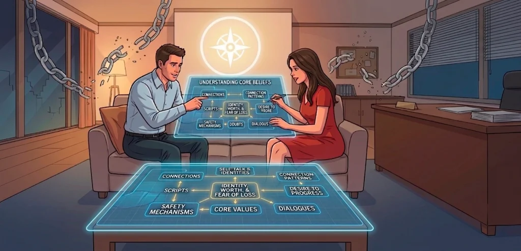 Understanding core beliefs map Comic style artwork of a man and woman analyzing a glowing holographic diagram of core beliefs and relationship patterns.