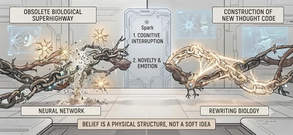 Detailed illustration of a neuroscientist performing cognitive interruption to physically dismantle rigid old neural chains in the brain.