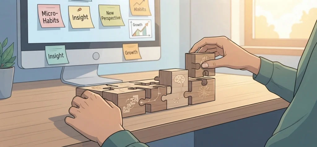 A clean vector illustration showing hands rearranging wooden puzzle blocks on a desk, symbolizing the gradual process of restructuring mental frameworks and changing core beliefs