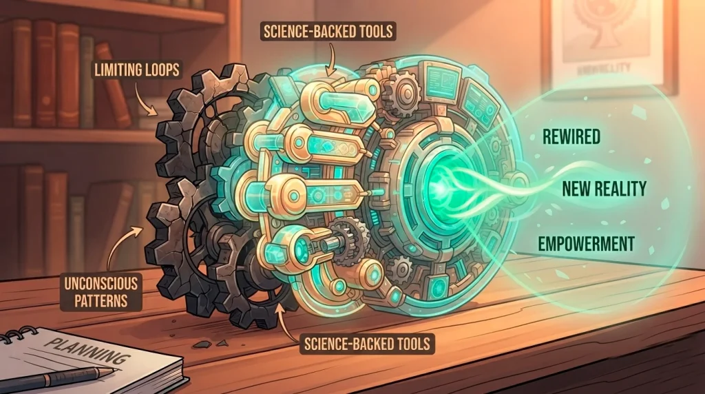 A close-up illustrative view of a complex physical mechanism and glowing gears on a wooden desk, symbolizing the science-backed tools used to rewire mental patterns, in a warm turquoise and gold color palette
