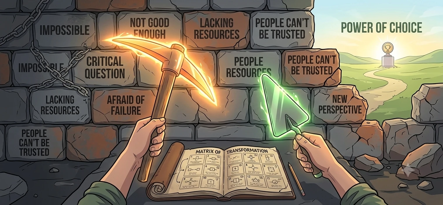 A person using tools to break a wall of limiting beliefs and find freedom of choice