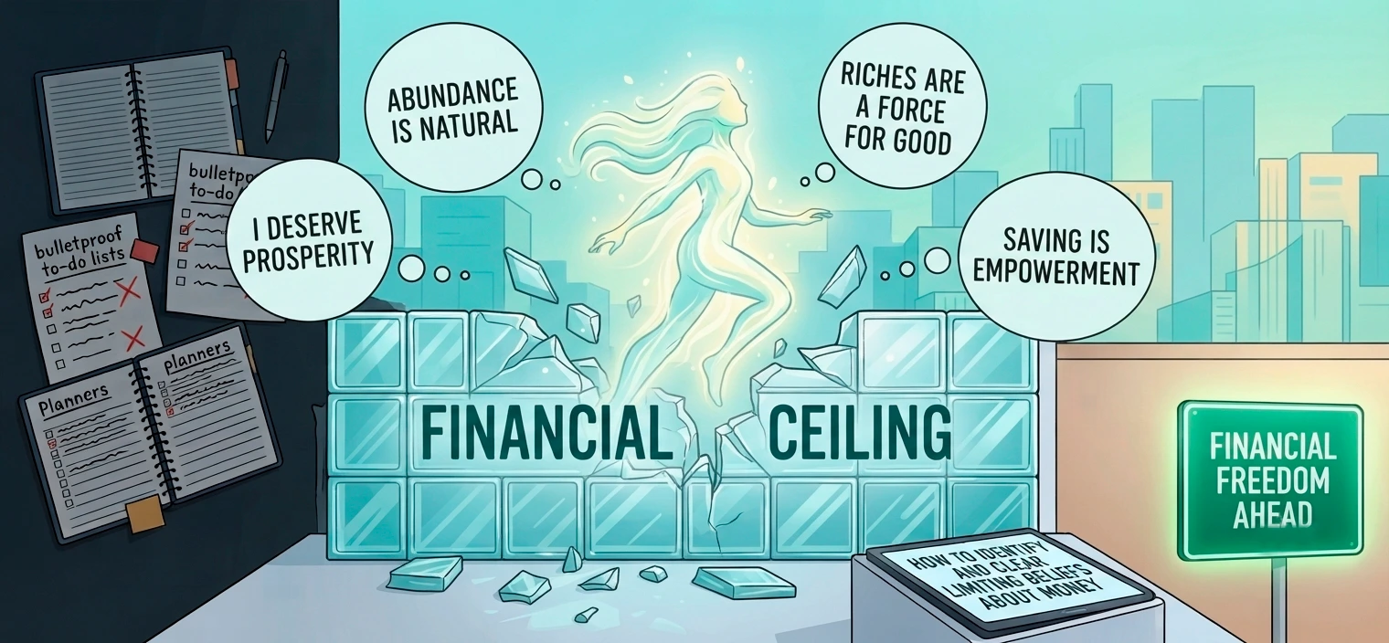 A person breaking the financial ceiling and moving from survival mindset to abundance, with text bubbles like "I deserve prosperity" and "Abundance is natural".
