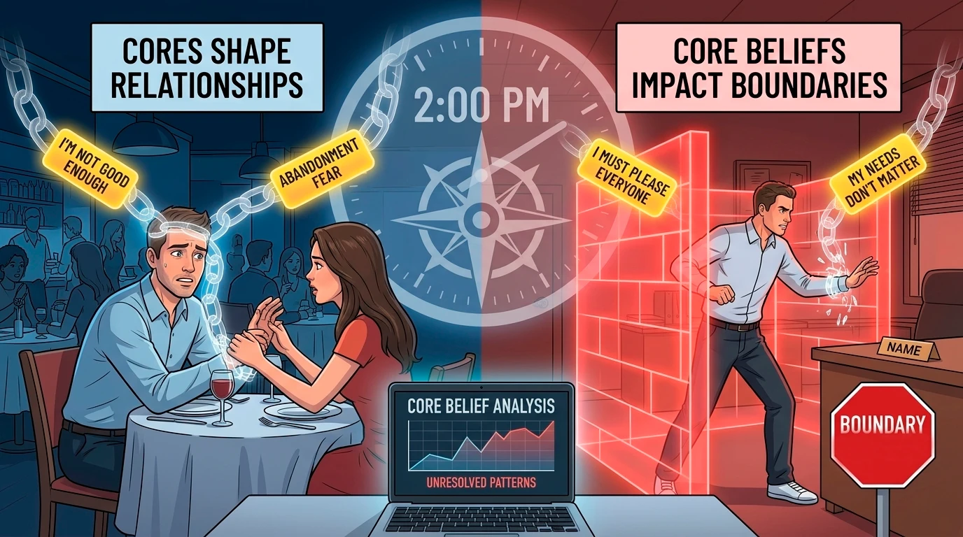 Comic book style illustration showing how hidden core beliefs like doubts and fear affect personal relationships and workplace boundaries.