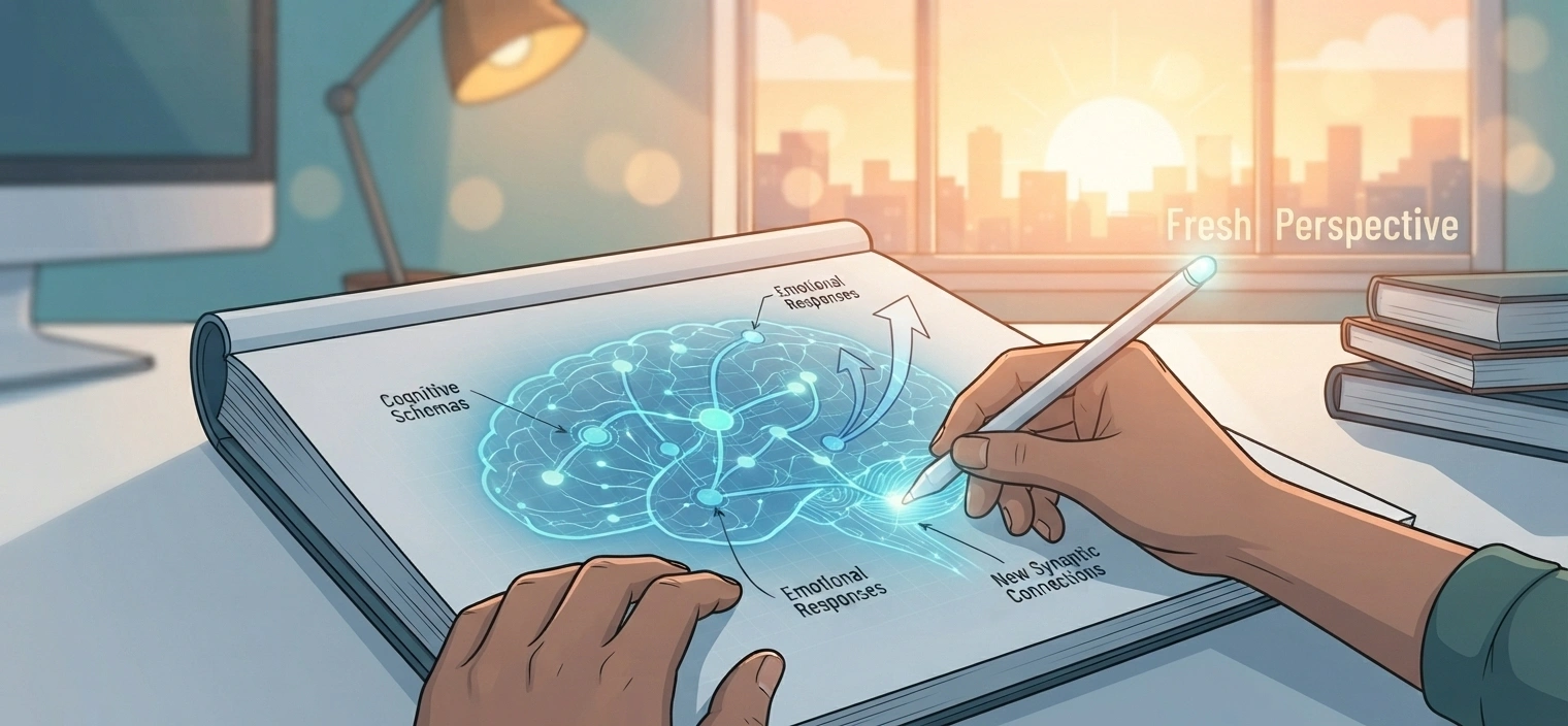Clean vector illustration showing hands sketching a glowing brain blueprint on a desk, representing the scientific process of rewiring and changing a core belief over time