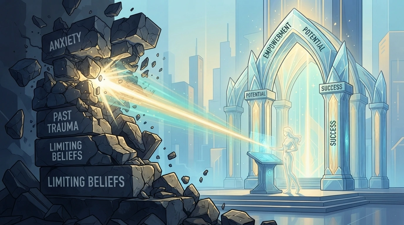 An illustrative metaphor showing a chaotic, crumbling structure of old limiting beliefs being rebuilt into a strong, glowing architectural arch of success and abundance